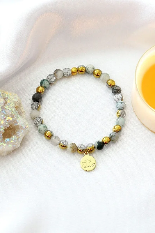 Mossy Agate Elastic Bracelet | 24K Lotus Flower