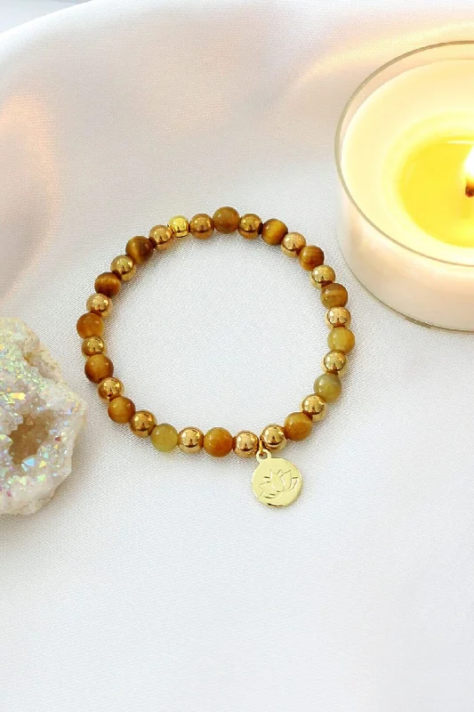 Tiger's Eye Stone Elastic Bracelet | 24K Lotus Flower