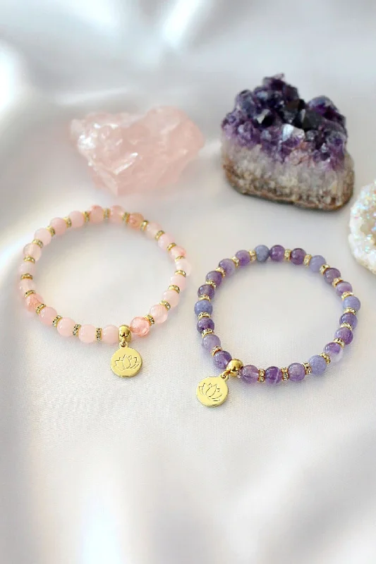 "Peace & Love" Rose Quartz - Amethyst Elastic Bracelet | 24K Lotus Flower Charm