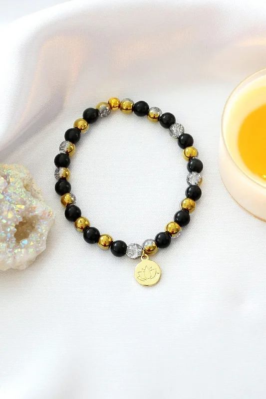 Obsidian Elastic Bracelet | 24K Lotus Flower