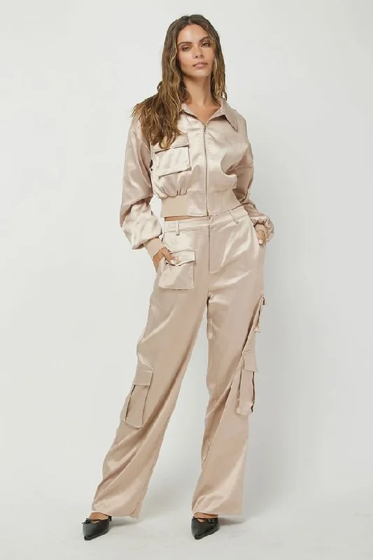 Satin Cropped Bomber Jacket & Cargo Trousers Set