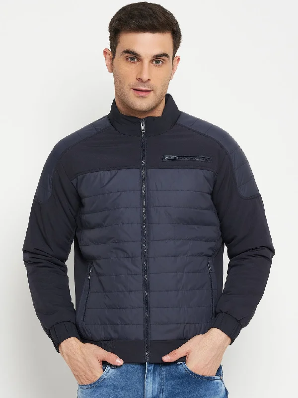 Solid Navy Blue Full Sleeves Mock Collar Regular Fit Casual Jacket for Men