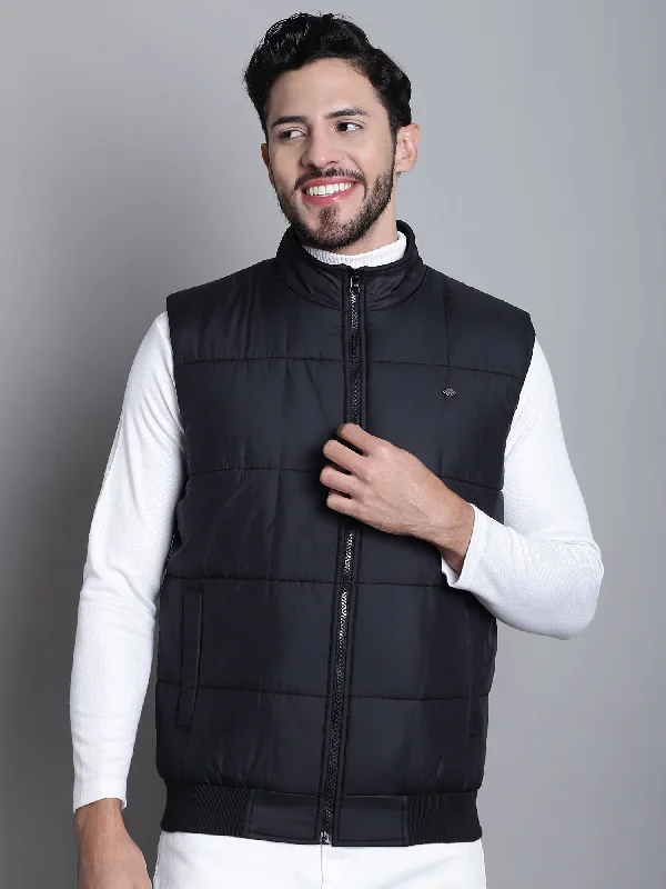 Solid Black Sleeveless Mock Collar Regular Fit Casual Jacket for Mens