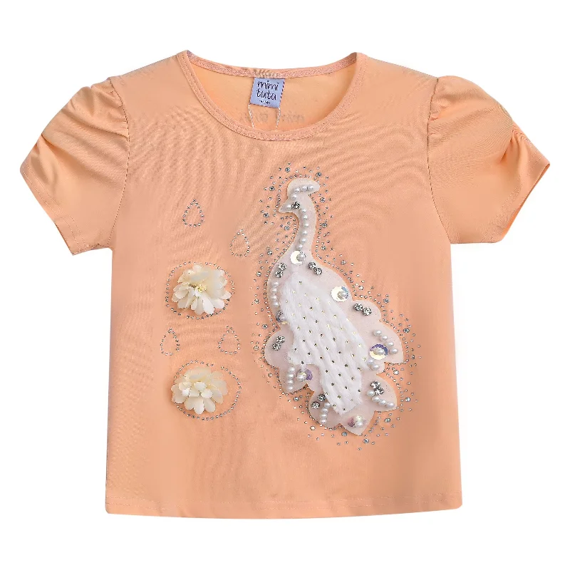 Peach Peacock Applique T-Shirt