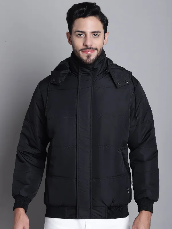 Solid Black Full Sleeves Hooded Neck Regular Fit Casual Jacket For Mens