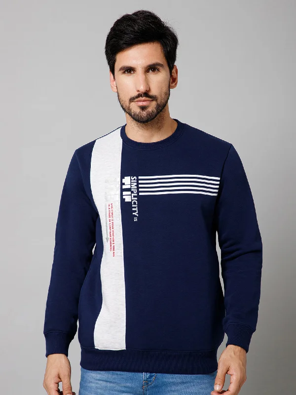 Printed Blue Full Sleeves Round Neck Regular Fit Casual Sweatshirt For Men