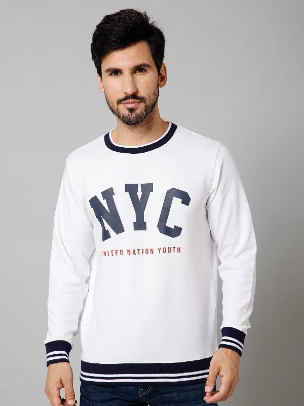 Printed White Full Sleeves Round Neck Regular Fit Casual Sweatshirt For Mens