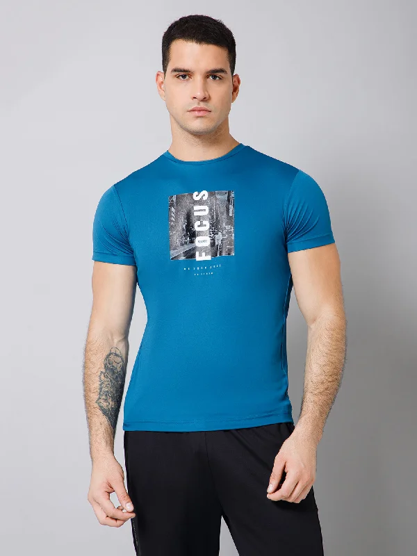 Regular Fit Printed Round Neck Half Sleeve Blue Active Wear T-Shirt for Men