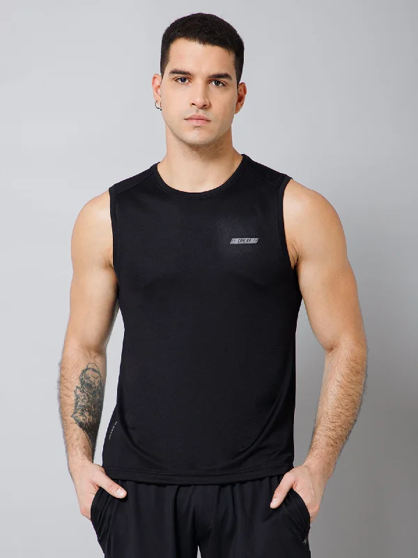 Regular Fit Solid Round Neck Sleeveless Black Active Wear T-Shirt for Men