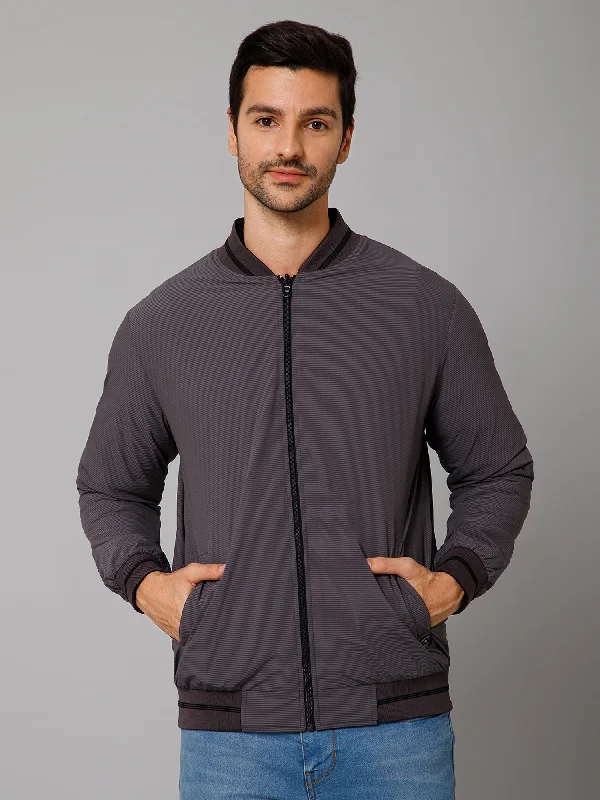 Striped Grey and Black Full Sleeves Mock Collar Regular Fit Reversible Casual Jacket For Men