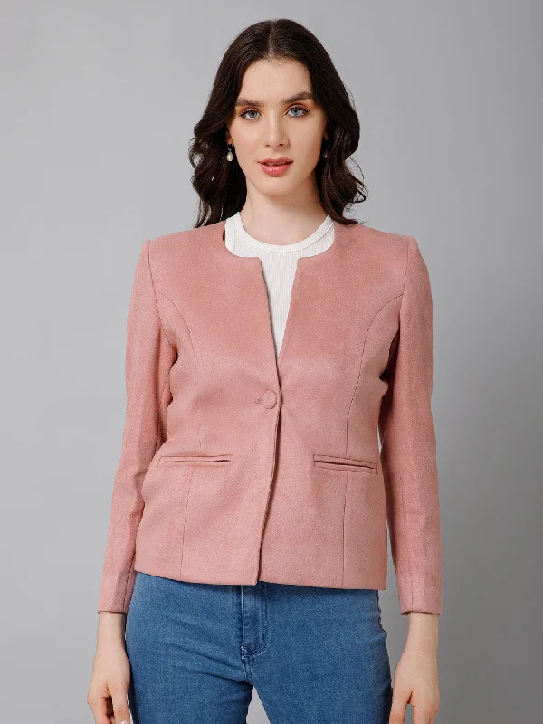 Women's   Pink Single breasted  Round neck  Blazer