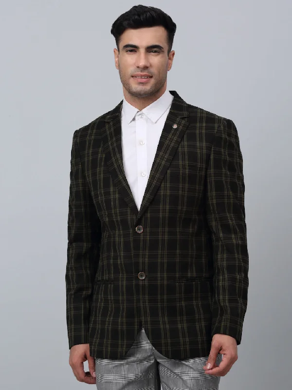 Olive Checkered Full Sleeves Formal Blazer For Men