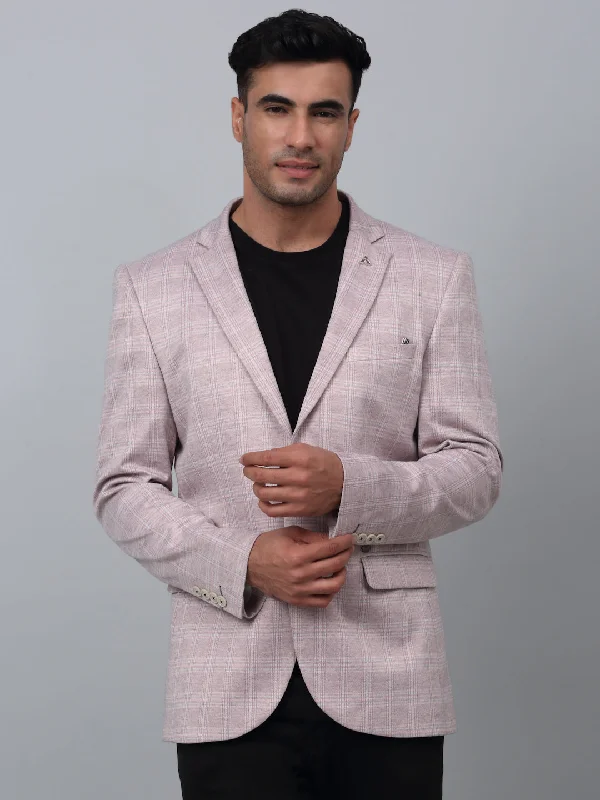 Peach Checkered Full Sleeves Casual Blazer For Men