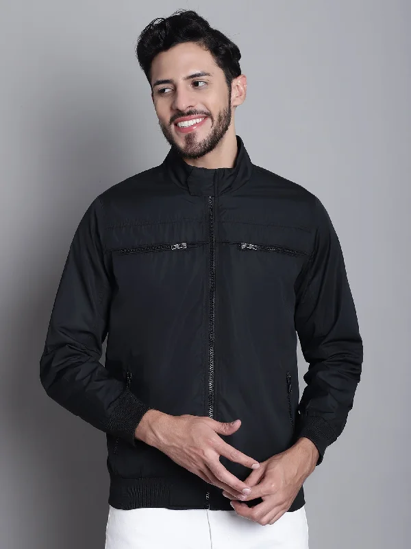 Solid Black Full Sleeves Mock Collar Regular Fit Casual Jacket for Men