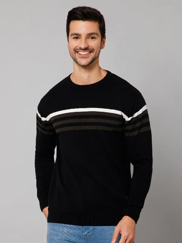 Stripe Black Full Sleeves Round Neck Regular Fit Casual Sweater for Men