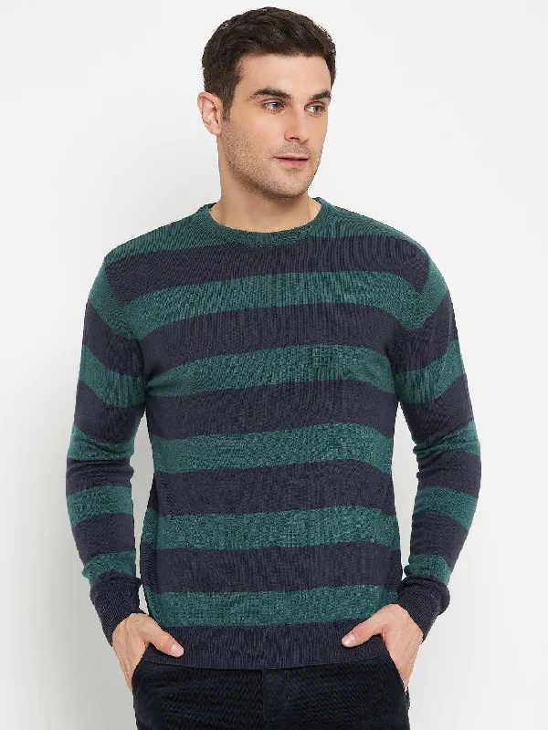 Striped Navy Blue Full Sleeves Round Neck Regular Fit Casual Sweater for Men