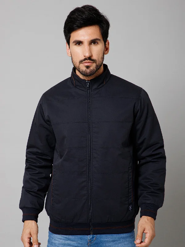 Solid Full Sleeves Mock Collar Regular Fit Navy Blue Casual Reversible Jacket For Men