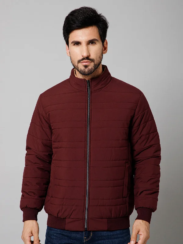 Solid Full Sleeves Mock Collar Regular Fit Wine Casual Reversible Jacket For Men