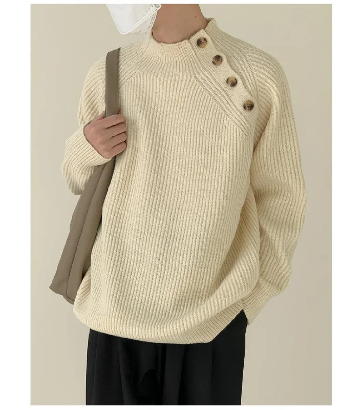 Stand-up Collar Sweater With Shoulder Button Design