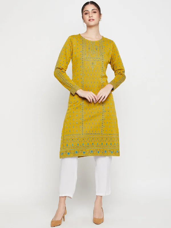 Women's Casual Round Neck Mustard All Over Jacquard Knee Length Knit Kurti