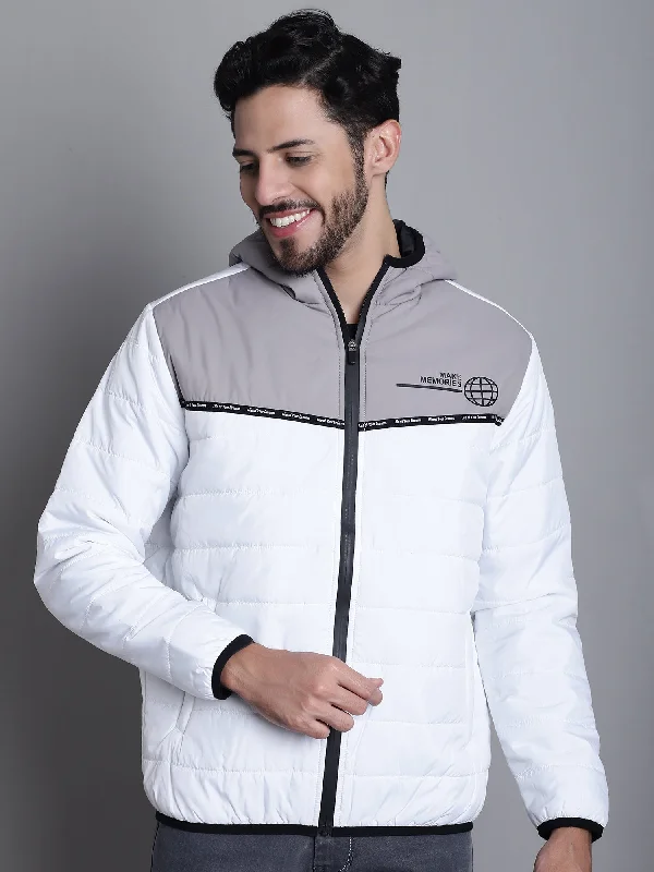 Color Blocked White Full Sleeves Hooded Neck Regular Fit Casual Jacket for Men