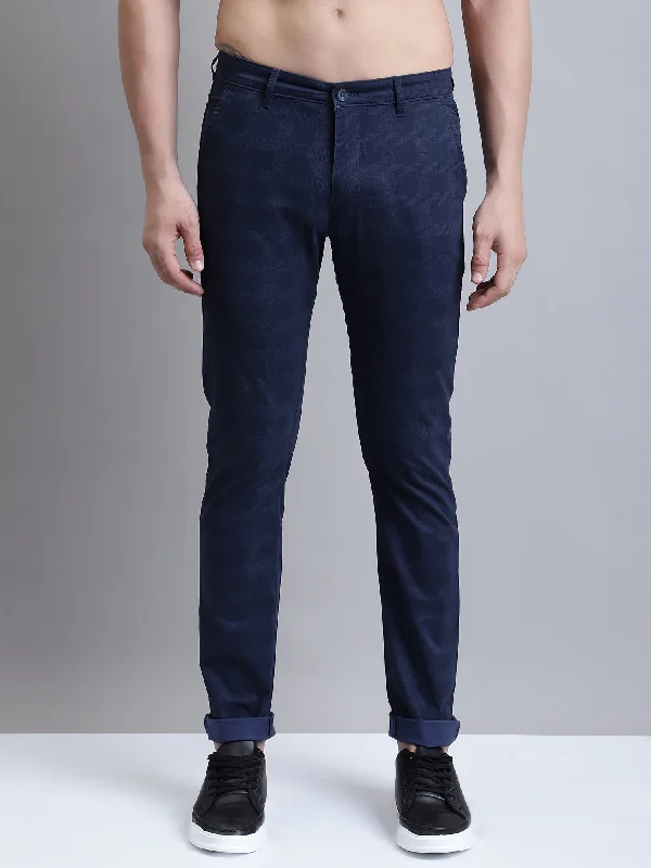 Men's Casual Flat front Navy Blue Printed Trousers