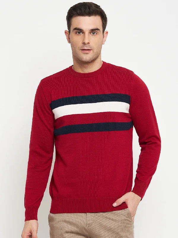 Striped Red Full Sleeves Round Neck Regular Fit Casual Sweater for Men