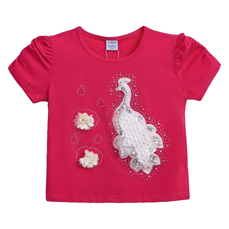 Pink Raspberry Peacock Applique T-Shirt