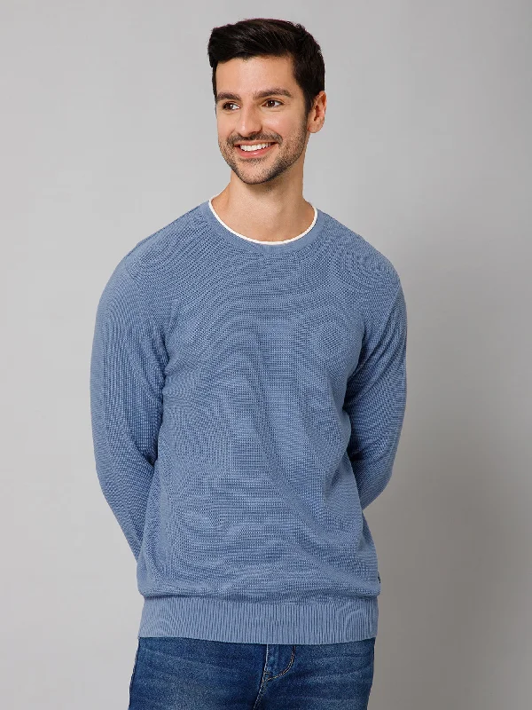 Self Design Sky Blue Full Sleeves Round Neck Regular Fit Casual Sweater for Men