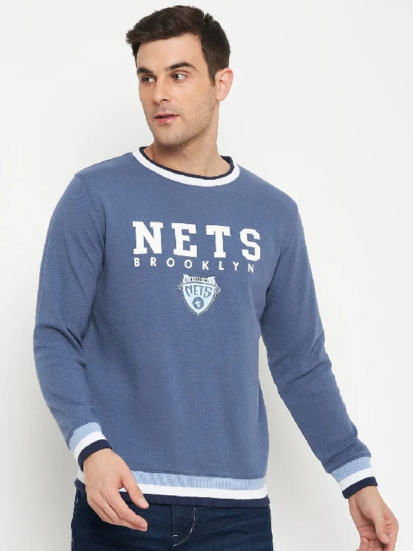 Typography Printed Blue Full Sleeves Round Neck Regular Fit Casual Sweatshirt for Men