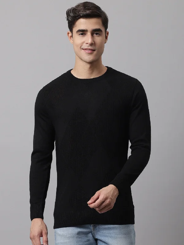 Self Design Black Full Sleeves Round Neck Regular Fit Casual Sweater for Men