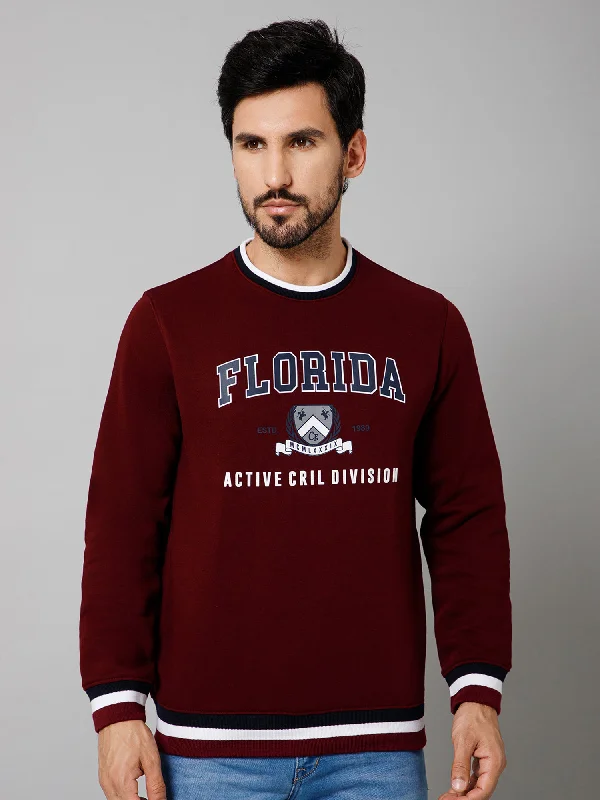 Printed Maroon Full Sleeves Round Neck Regular Fit Casual Sweatshirt For Men