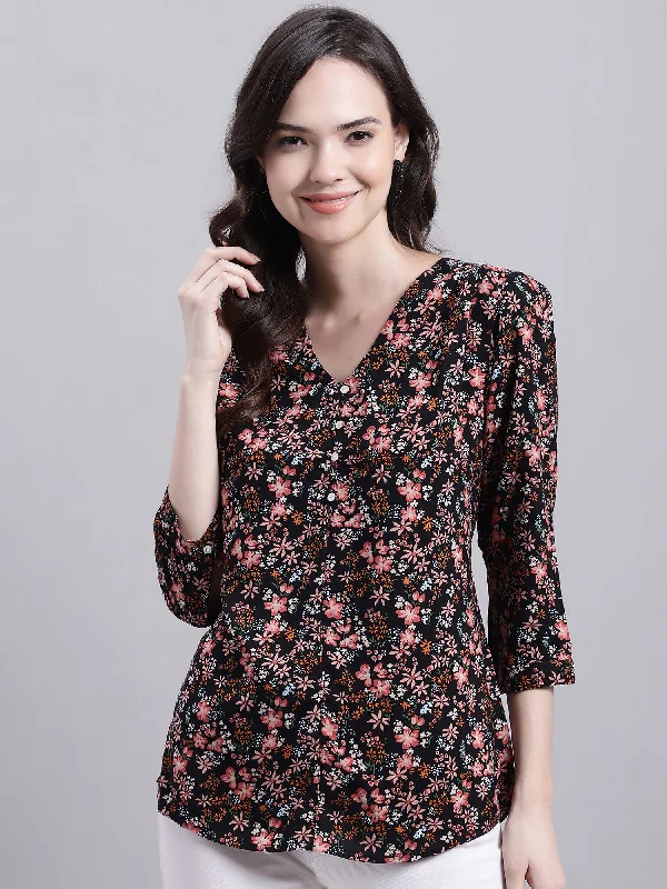 Women's Casual  Black Floral Print V neck Top