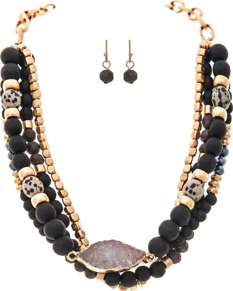 Gold Black Glass Stone Druzy Necklace Set