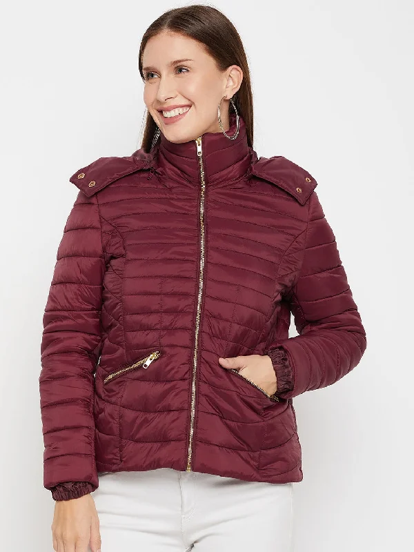 Women's Casual  Maroon Quilted Detachable quilted Hood Puffer Jacket