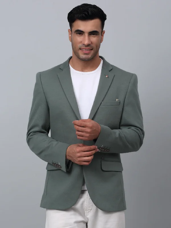 Olive Green Solid Full Sleeves Casual Blazer For Men