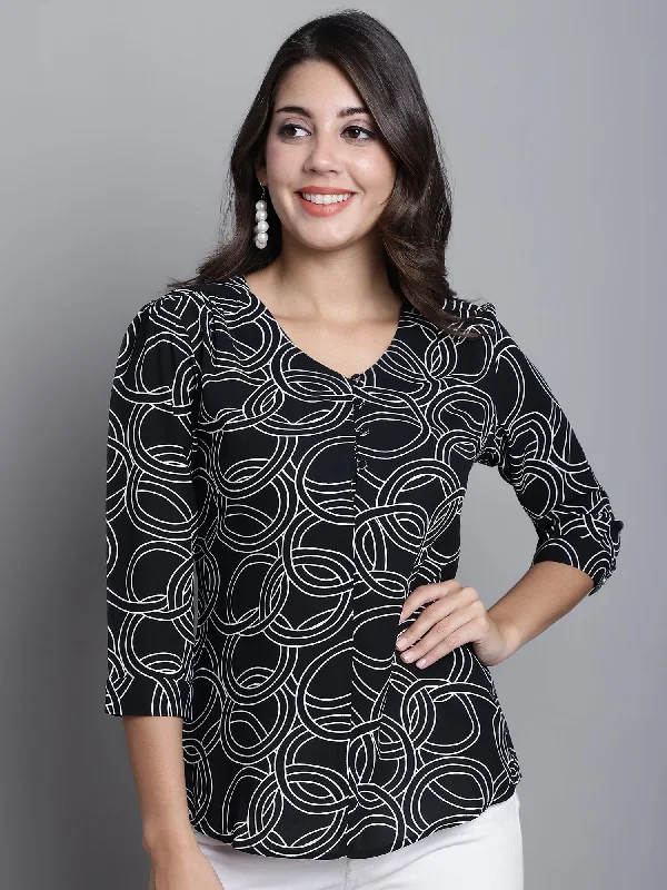 Women's Casual  Black Abstract Print V neck Top