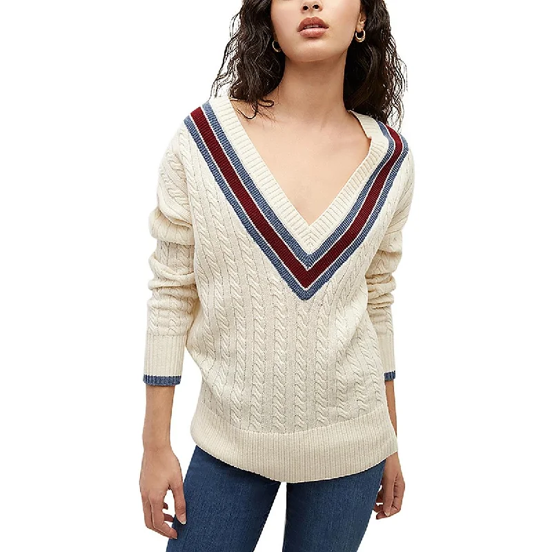 Womens Cable-Knit Ribbed Trim V-Neck Sweater