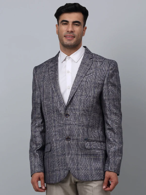 Navy Checkered Full Sleeves Formal Blazer For Men