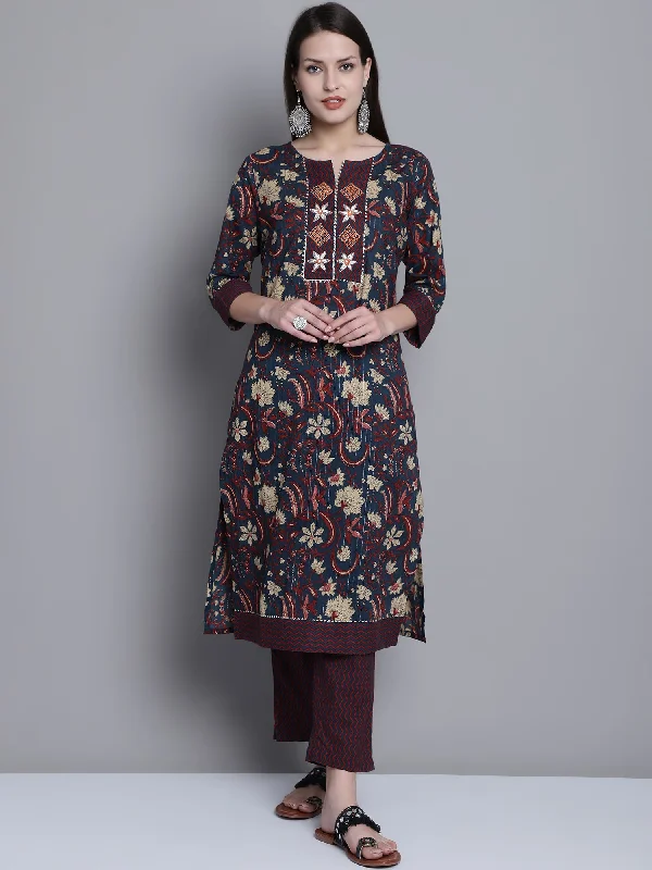 Women's Casual  Navy Blue Printed & Embroidered  Palazzo Set