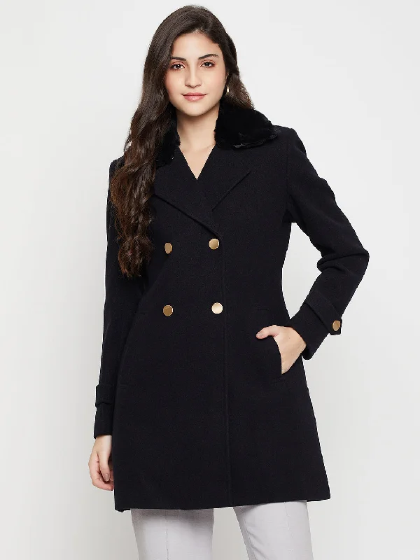 Women's Casual  Navy Blue Double breasted Notched Lapel Collar with Faux Fur insert Long Coat