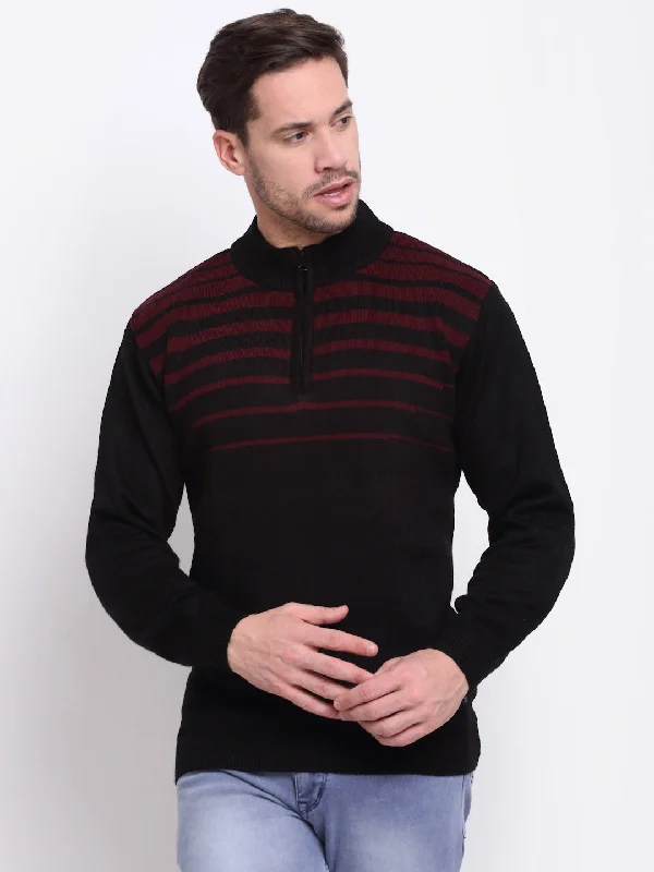 Striped Black Full Sleeves Mock Collar Regular Fit Casual Sweater for Men