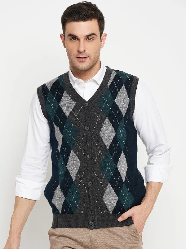 Geometric Print Navy Blue Sleeveless V Neck Regular Fit Casual Sweater for Men