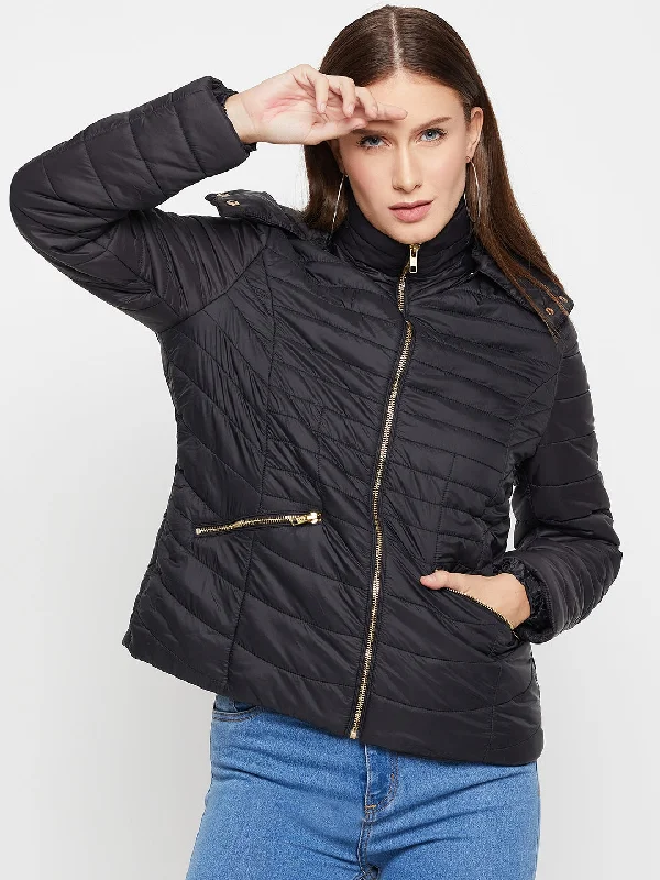 Women's Casual  Black Quilted Detachable quilted Hood Puffer Jacket