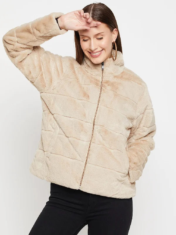 Women's Casual  Khaki Soft Faux Fur  Jacket