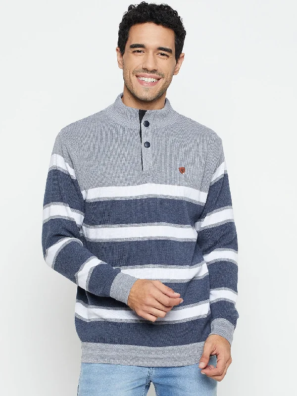 Striped Grey Full Sleeves Mock Collar Regular Fit Casual Sweater for Men