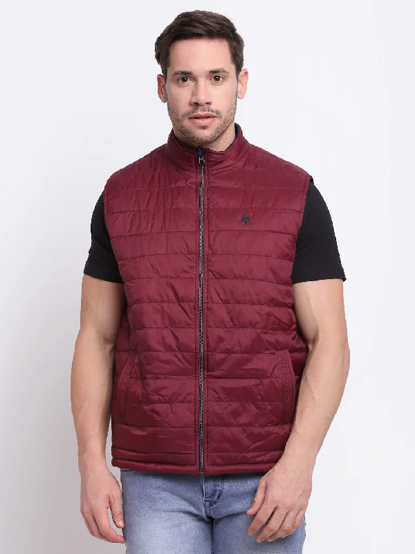 Solid Wine Sleeveless Mock Collar Regular Fit Reversible Casual Jacket For Men