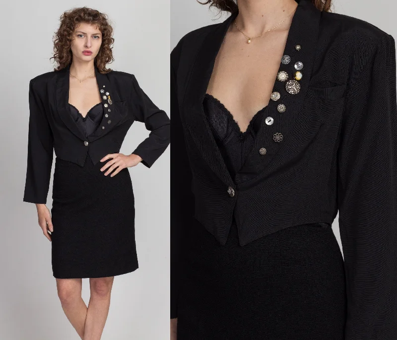 80s 90s Black Decorative Button Cropped Blazer - Small