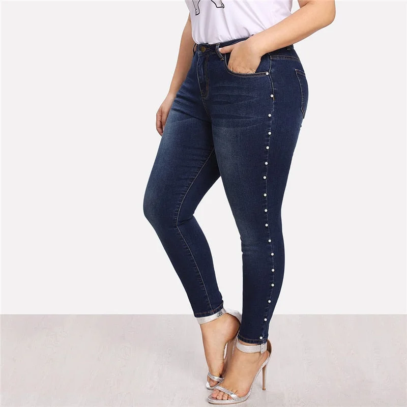 COLROVIE PLUS SIZE BLUE PEARLS BEADS CASUAL DENIM JEANS WOMAN AUTUMN VINTAGE POCKET JEANS FEMME STRETCHY PANTS