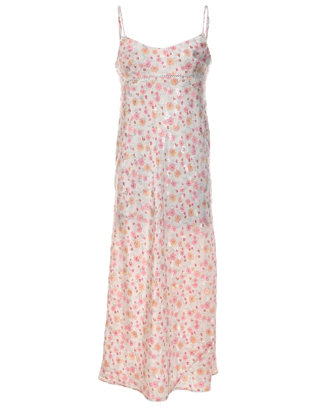 Floral Print Pink, Orange & White Silk & Satin Slip Dress - M